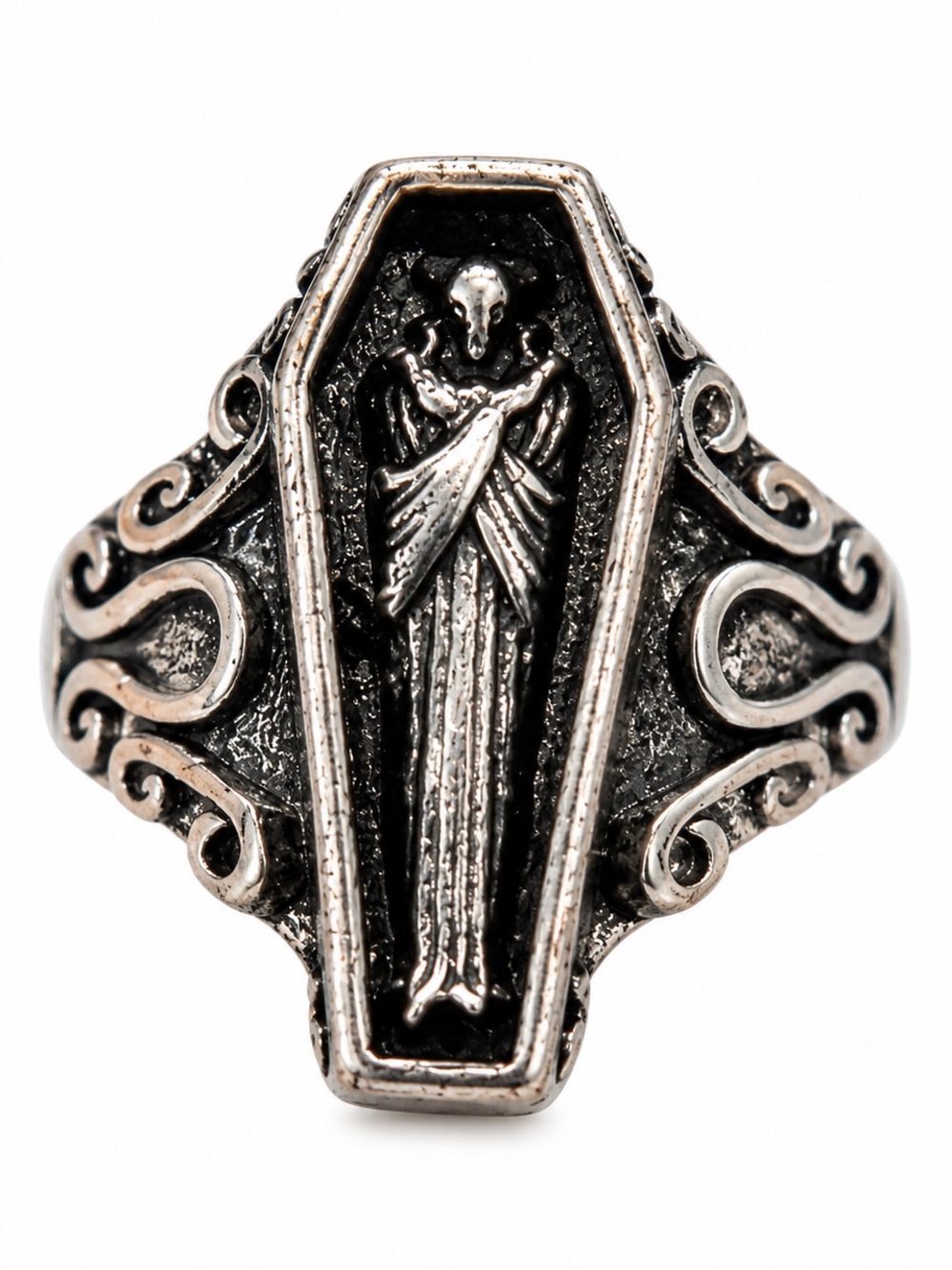 Vintage Gothic Coffin Ring Silver Tone Victorian Mourning Skeleton Size 6
